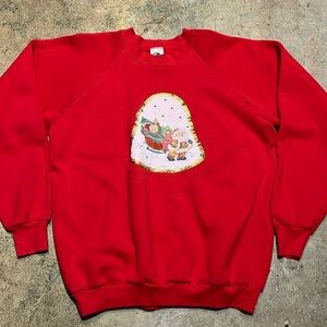 Vintage Christmas Santa Bell USA Made Raglan Crewneck Sweatshirt Size XL